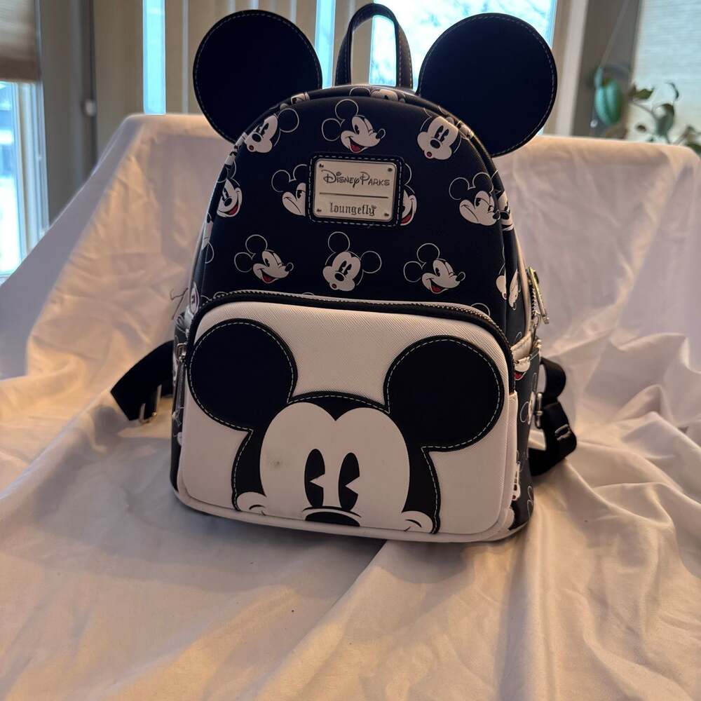 Disney Parks Loungefly Mickey Mouse Black & White All-Over Print Faces Mini Back